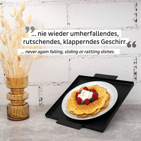 "Porcelain Magnetic Plates Set Of Two Non Slip Stackable For Camping RV Life And Boating No More Rattling Crockery Peace Of Mind On Choppy Seas And Big Trips Durable Dinnerware For Busy Campers And Sailors" displayed with waffles and fruit topping.