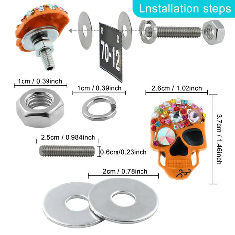 Dope Skull License Plate Screws Kit With Sparkling Diamond Inlays Orange Finish, Stainless Steel And Aluminum Alloy Bolts