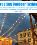Outdoor string lights supported by stainless steel wire rope cable for outdoor string lights 3/16 inch vinyl coated weatherproof.