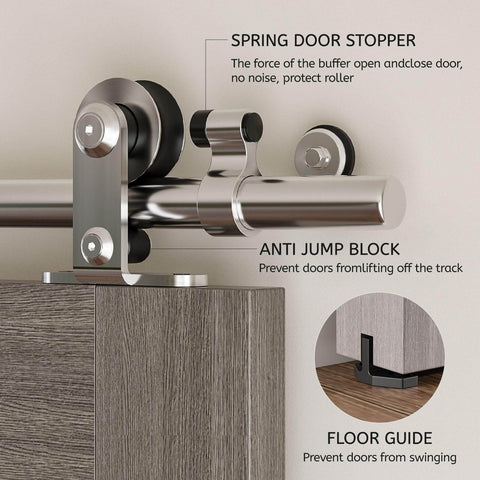 Close-up view of 8 Foot Stainless Steel Sliding Barn Door Hardware Kit featuring anti-rust Gcr15 rollers and floor guide for double doors.