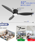 52 Inch Black Flush Mount Ceiling Fan With Remote And Light Kit, Low Profile Modern Look, shown in room size options