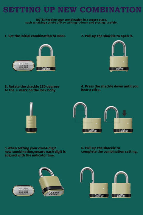 Instruction sheet for setting up 2 Pack Heavy Duty Outdoor Combination Padlocks Weatherproof Gates Fences Storage Units