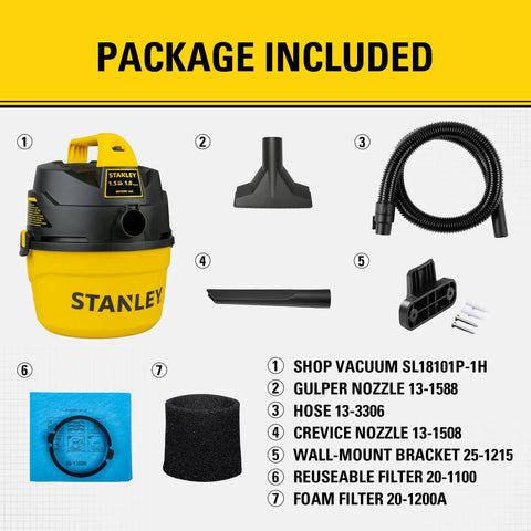 Package contents for One Gallon Wet And Dry Shop Vacuum With One Point Five Peak Horsepower And Sixty Cfm
