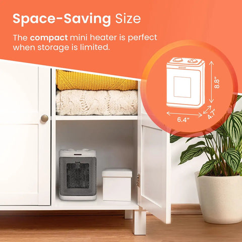 Powerful 1500W Portable Electric Ceramic Space Heater with Adjustable Thermostat fitting in white cabinet for small spaces