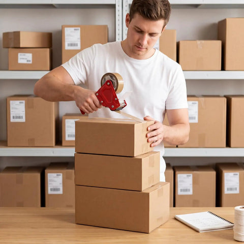 Person sealing Assorted Shipping Boxes 30 Pack Value Pack With 10 Of Each Size 10x7x5, 9x6x4, And 8x6x4 in storage area