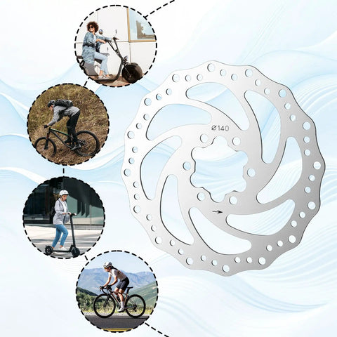 140mm Stainless Steel Disc Brake Rotor With 6 Bolts For Bikes And Electric Scooters, 6-Hole Mount, on white background