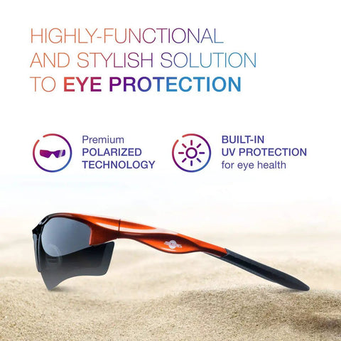 Polarized Safety Glasses For Work And Outdoors With Dark Smoke Lenses, ANSI Z87.1 Safety Rating, lying on a sandy surface