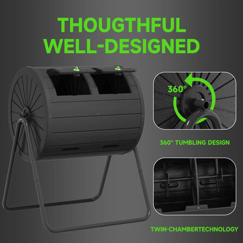 High Capacity Rolling Compost Tumbler 142L Thirty Seven And A Half Gallon Single Chamber Durable Weatherproof Polypropylene