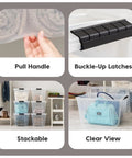 Straight Up Premium 54 Qt Stackable Storage Bins With Lids: showing pull handle, buckle latches, stackable design, and clear view.