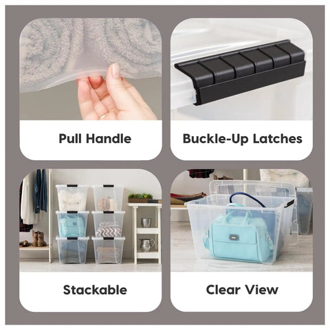Straight Up Premium 54 Qt Stackable Storage Bins With Lids: showing pull handle, buckle latches, stackable design, and clear view.