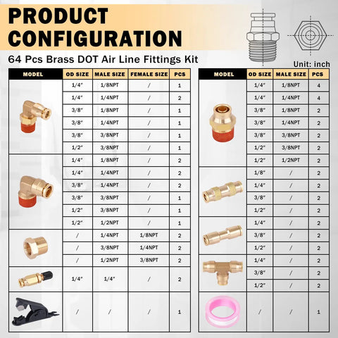 64 Piece Brass DOT Air Line Fittings Kit All In One With Push Lock And Quick Connect NPT Thread For Air Line Hose