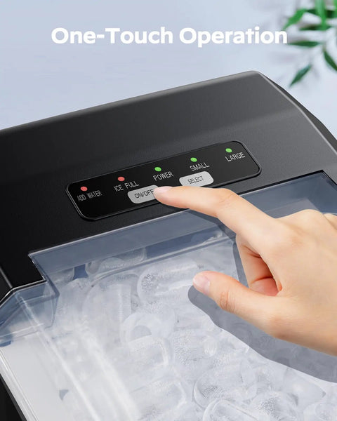 Close-up of sleek black Countertop Ice Maker That Keeps It Cool With 9 Bullet Ice Cubes In 6 Minutes Up To 26 Lbs Per Day Two Ice Sizes