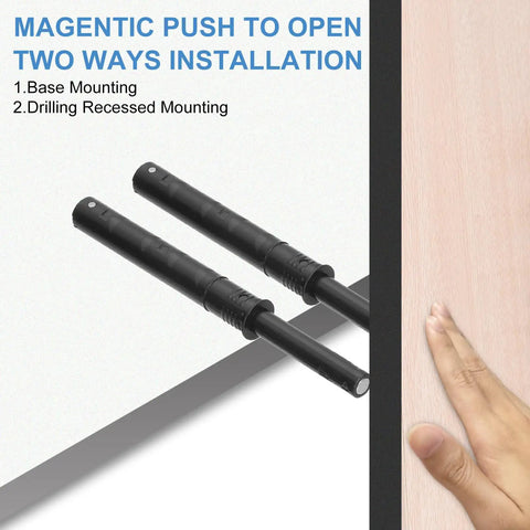 Four Pack Magnetic Push Latches For Cabinet Doors And Drawers Push To Open Hidden Release Hardware Black Plastic 107 By 10 Millimeter Durable Anti Rust Closet Touch Latch For Easy Access. Display of two installation ways with hand.