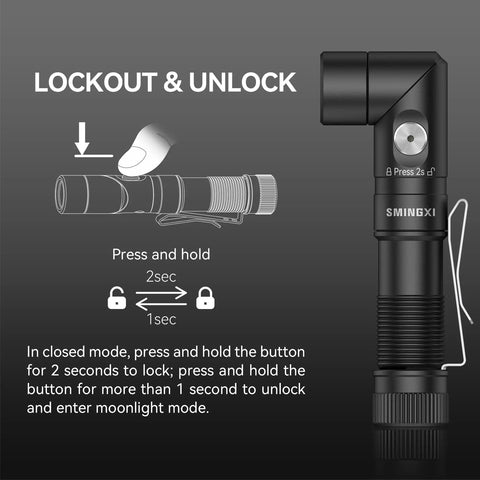 1400 Lumen Right Angle EDC Flashlight Headlamp Rechargeable  showing lockout unlock instructions with button illustration.