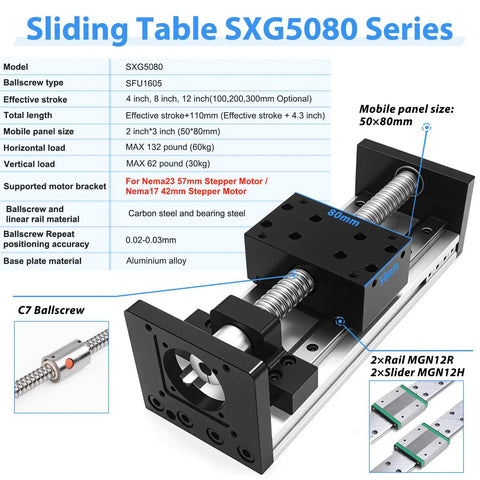 Dual Rail Linear Stage Table With Heavy Duty 12 Inch Stroke SFU1605 Ballscrew 300mm Travel 50x80mm Work Surface Electric Precision