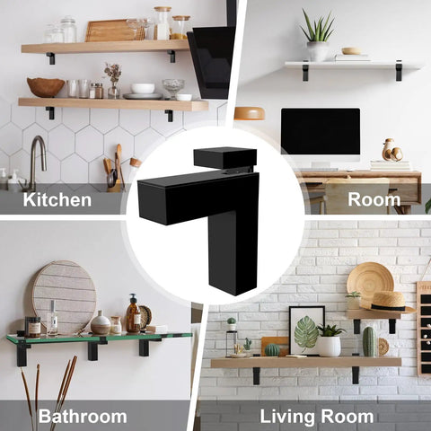 Tough As Nails Heavy Duty Floating Shelf Brackets Set Of Four adjusts securely to glass and wood supports in modern kitchen and living room.