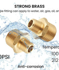 Brass Reducing Hex Nipple Set One Quarter Inch NPT Male To One Half Inch NPT Male, strong brass, 300 PSI, anti-corrosion, temperature resistant