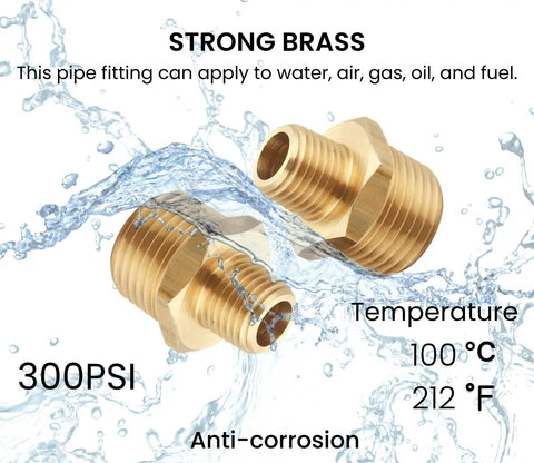 Brass Reducing Hex Nipple Set One Quarter Inch NPT Male To One Half Inch NPT Male, strong brass, 300 PSI, anti-corrosion, temperature resistant