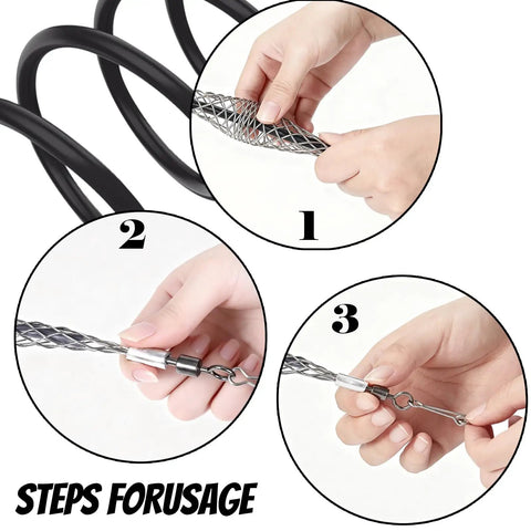 Top Shelf Wire Pulling Grips Set Includes Two Galvanized Steel Cable Puller Socks For Effortless Light Or Heavy Wire Fishing rust proof construction shown in usage steps.