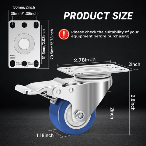 Diagram of 2 Inch Stainless Steel Castors With Brakes, Set Of 4, 304 Stainless Steel Heavy Duty Caster Wheels showing dimensions.