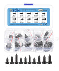 Real Deal Mini Screw Assortment Kit Including 1000 Black Self Tapping Screws Across Ten Metric Sizes Plus Extra Elbow Tweezers in clear container.