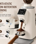 Slick Flat Burr Coffee Grinder Featuring Stainless Steel Blades And An Adjustable Portafilter For Espresso One Touch Automatic Operation Large 750 Gram Hopper, showcasing anti-static dosing.