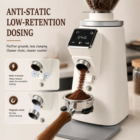 Slick Flat Burr Coffee Grinder Featuring Stainless Steel Blades And An Adjustable Portafilter For Espresso One Touch Automatic Operation Large 750 Gram Hopper, showcasing anti-static dosing.