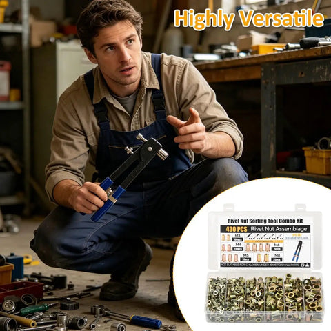 OctBird 430Pcs Rivet Nut Tool Kit With Metric Rivnut Combo For Furniture Auto Marine And Industrial DIY Projects Includes M8 M6 M5 M4 M3 Insert Fasteners To Upgrade Your Gear Game Today, man using rivet nut tool in workshop