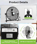 20 Inch Industrial Floor Fan With Remote Control, safety features, 3-pin grounded plug, speed adjustment, 360 degree tilt