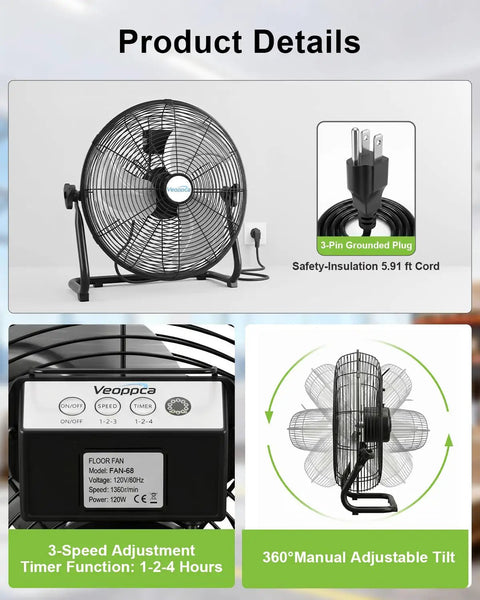 20 Inch Industrial Floor Fan With Remote Control, safety features, 3-pin grounded plug, speed adjustment, 360 degree tilt