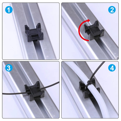 Plastic Zip Tie Mounting Blocks 25 Pack For 15 And 40 Series Aluminum T Slot Extrusions Drop In Base Mounts For Easy Cable Management On 3D Printers Routers DIY And CNC Machines black plastic block on aluminum T-slot with zip tie