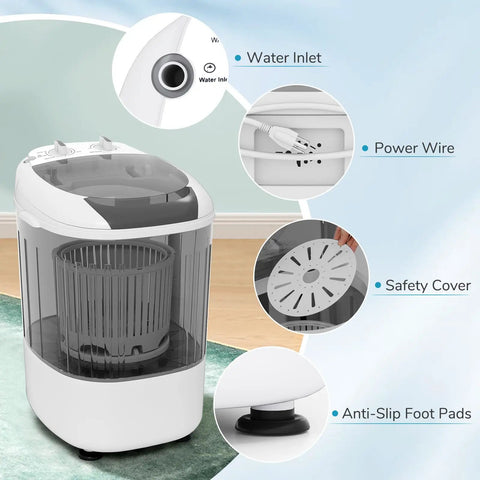 Super Duper Handy Portable Mini Washing Machine With Five Point Five Lbs Capacity And Quick Spin Tub, No Sweat Semi Auto Compact Laundry Washer For Tight Dorm Rooms And RV Weekend Getaways, Chill Grey Vibe features water inlet, power wire, safety cover, and anti-slip foot pads.