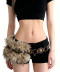 Brown Faux Fur Belt For Women Featuring Classic Pin Buckle And Y2K Vintage Street Drip With Fresh Layering Game, plush high pile waist cincher styled with shorts.