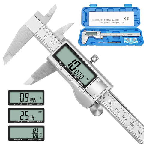 6 Inch Digital Caliper In Stainless Steel With Inch Metric And Fractions Conversion Large LCD Display Accurate To 0.01mm Perfect For DIY Home And Professional Use shown in open blue case with measurements