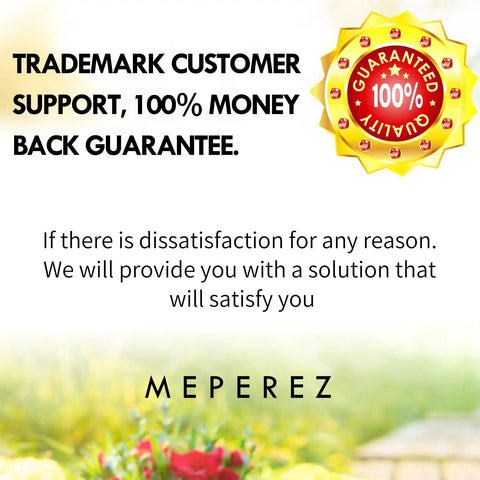 Trademark customer support with 100% money-back guarantee text and quality badge, Meperez brand