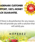 Trademark customer support guarantee badge with text offering 100% money back guarantee and satisfaction solution by Meperez.