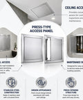 No Sweat Push To Open Drywall Access Panel Heavy Duty Flush Inspection Door For Ceilings shown in a bathroom setting, stainless steel with flush mount design.