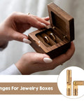 Woman holding open jewelry box displaying Hidden Brass Barrel Hinges Set, 25 Pieces, 20x4mm Invisible Concealed Cylinder Hinges