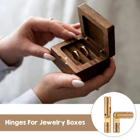 Woman holding open jewelry box displaying Hidden Brass Barrel Hinges Set, 25 Pieces, 20x4mm Invisible Concealed Cylinder Hinges