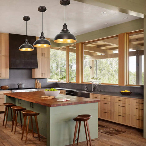 Three Pack Farmhouse Pendant Lights With Adjustable Height For Kitchen Island, Industrial Barn Style Ceiling Fixtures In Oil Rubbed Bronze With Gold Interior, Durable Metal Trio Lighting Over Island Sink