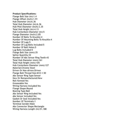 Specifications list for Dodge Journey Front Hub Bearing Assembly 2009 To 2020 5 Lug With ABS Sensor 512478