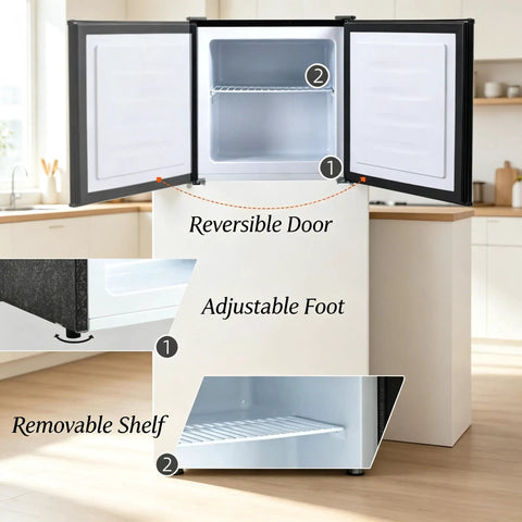 Slick Compact Upright Mini Freezer Offering One Point One Cubic Feet Of Cold Storage With Five Adjustable Thermostat Settings And A Reversible Black Exterior For Storing Meats Seafood And Desserts Without The Sweat, featuring reversible door and removable shelf.