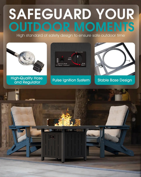 33 Inch Outdoor Propane Fire Pit Table With 50,000 BTU, Lid, Glass Wind Guard, Fire Glass, And HDPE Patio Furniture features and safety