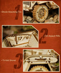 One Eighteen Scale Mechanical Car Puzzle Kit for Adults, DIY Wooden Model Vehicle Kit, Brain Teaser Toy, Army Field Car, Perfect Gift for Guys and Gals on Birthday or Christmas. close-up of wooden wheel and rifle details