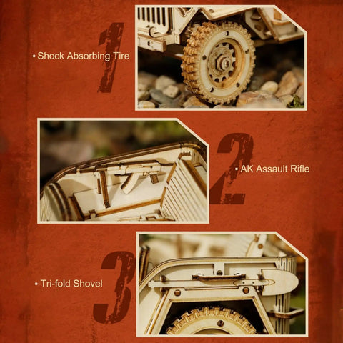 One Eighteen Scale Mechanical Car Puzzle Kit for Adults, DIY Wooden Model Vehicle Kit, Brain Teaser Toy, Army Field Car, Perfect Gift for Guys and Gals on Birthday or Christmas. close-up of wooden wheel and rifle details