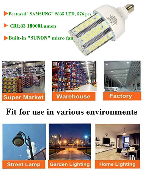 120W LED Corn Cob Bulb With E26 E39 Mogul Base 6000K Daylight 18000 Lumens Instant On 360 Degree Beam For Garage Warehouse