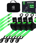 Retractable Ratchet Straps Featuring Control Pull Back System Heavy Duty Self Retracting Cargo Ties For Trucks with black case and green straps