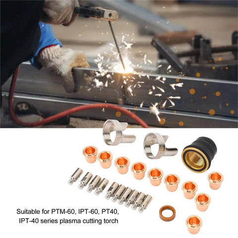 Fabater 24 Piece Plasma Cutting Torch Tip Kit With Electrodes Nozzles Stand Off Swirl Rings For PT-60 PTM-60 IPT-40 Cutters Brass Zinc Alloy parts laid out with sparks from cutting.