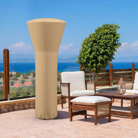 Patio Heater Cover with Zipper and Storage Bag For Outdoor Propane Heaters, Waterproof and Dustproof, installed on a heater