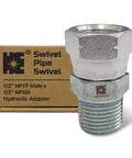 1/2 Inch NPTF Male To 1/2 Inch NPSM Swivel Hydraulic Adapter Built To Last From Carbon Steel With Zinc Plating For Rust Proof Reliability And Precise Straight Alignment With Hoses And Valves, shown with box